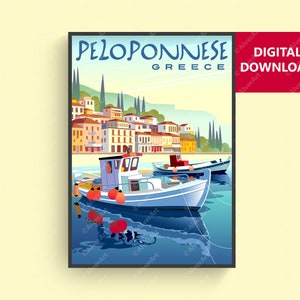 Greece Poster, Peloponnese Poster, Greece Travel Print, Fishing Boat Greece Wall Art, Digital Art, Unframed