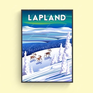 Lappland Poster, Finnland Poster, Finnland Reise Druck, Winter Wandkunst, Rentier Schneewald, digitale Kunst, ungerahmt