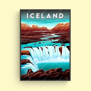 Iceland Poster, Iceland Travel Print, Iceland Wall Art, Mountains Landscape Waterfall, Unframed