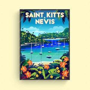 Caribische poster, Saint Kitts Nevis poster, tropische print, Caribische reisprint, Caribische muurkunst, ingelijst