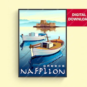 Greece Print, Nafplion Poster, Greece Travel Poster, Fishing Boat Greece Wall Art, Digital Art, Unframed
