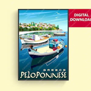 Peloponnese Poster, Greece Poster, Greece Travel Print, Fishing Boat Greece Wall Art, Digital Art, Unframed