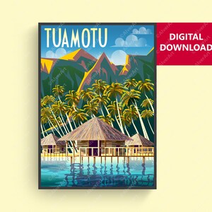 Cartel de Tuamotu, Cartel de la Polinesia Francesa, Impresión de viajes tropicales, Arte de pared Tuamotu, Arte digital, Sin enmarcar