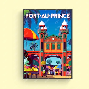 Port au Prince Poster, Haitian Art Print, Caribbean Poster, Haiti Poster, Tropical Travel Print, Caribbean Wall Art, Unframed