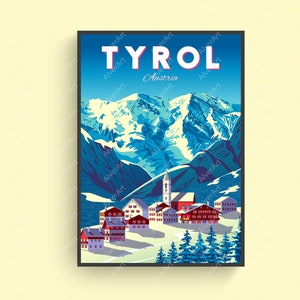 Tirol Poster, Österreich Poster, Austria Travel Print, Berg Poster, Retro Style Wandkunst, ungerahmt