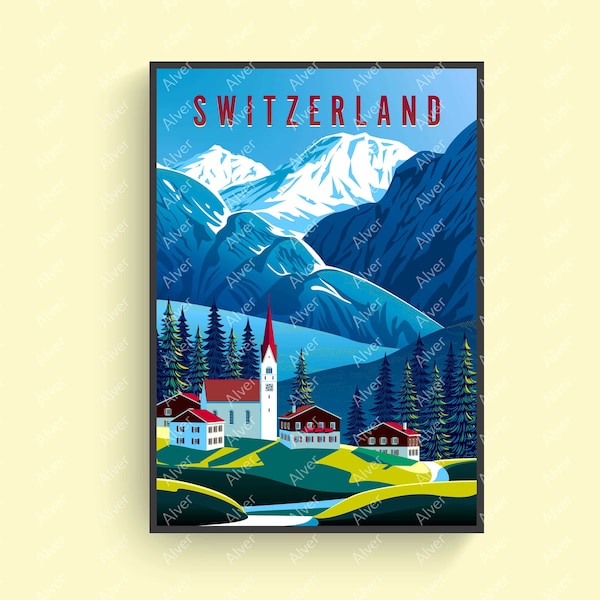 Zwitserland poster, Zwitserland reisprint, bergposter, Zwitserse Alpen kunst aan de muur, retro stijl print, digitale kunst, ingelijst
