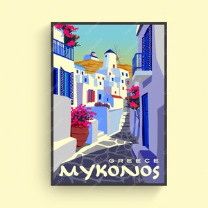Greece Poster, Mykonos Poster, Greece Travel Print, Greece Cityscape Wall Art, Digital Art, Unframed