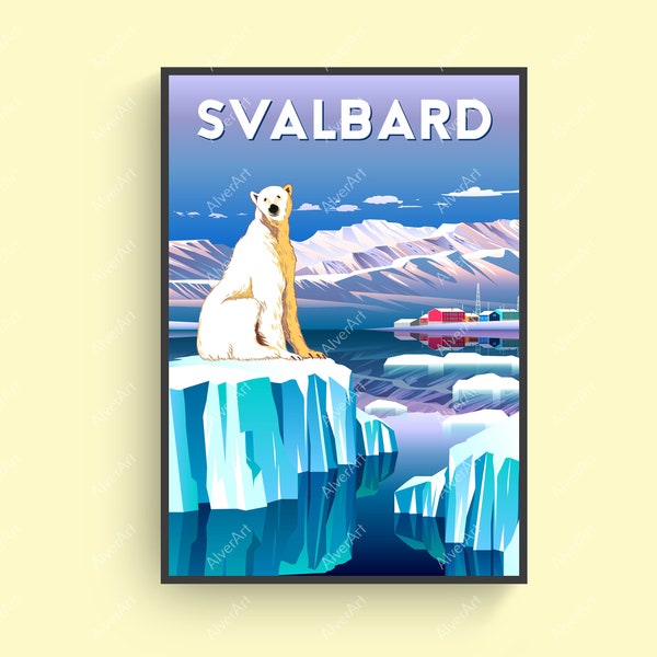 Affiche du Svalbard, Affiche du Spitzberg, Impression norvégienne, Art mural norvégien, Pôle ours polaire Iceberg, Art numérique, Non encadré