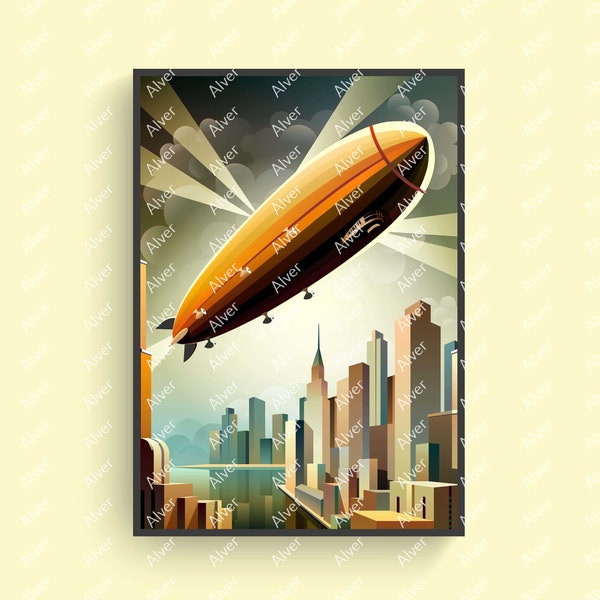 Art Deco Poster, Zeppelin Poster, Airship Print, Art Deco Wall Art, Digital Art, Unframed