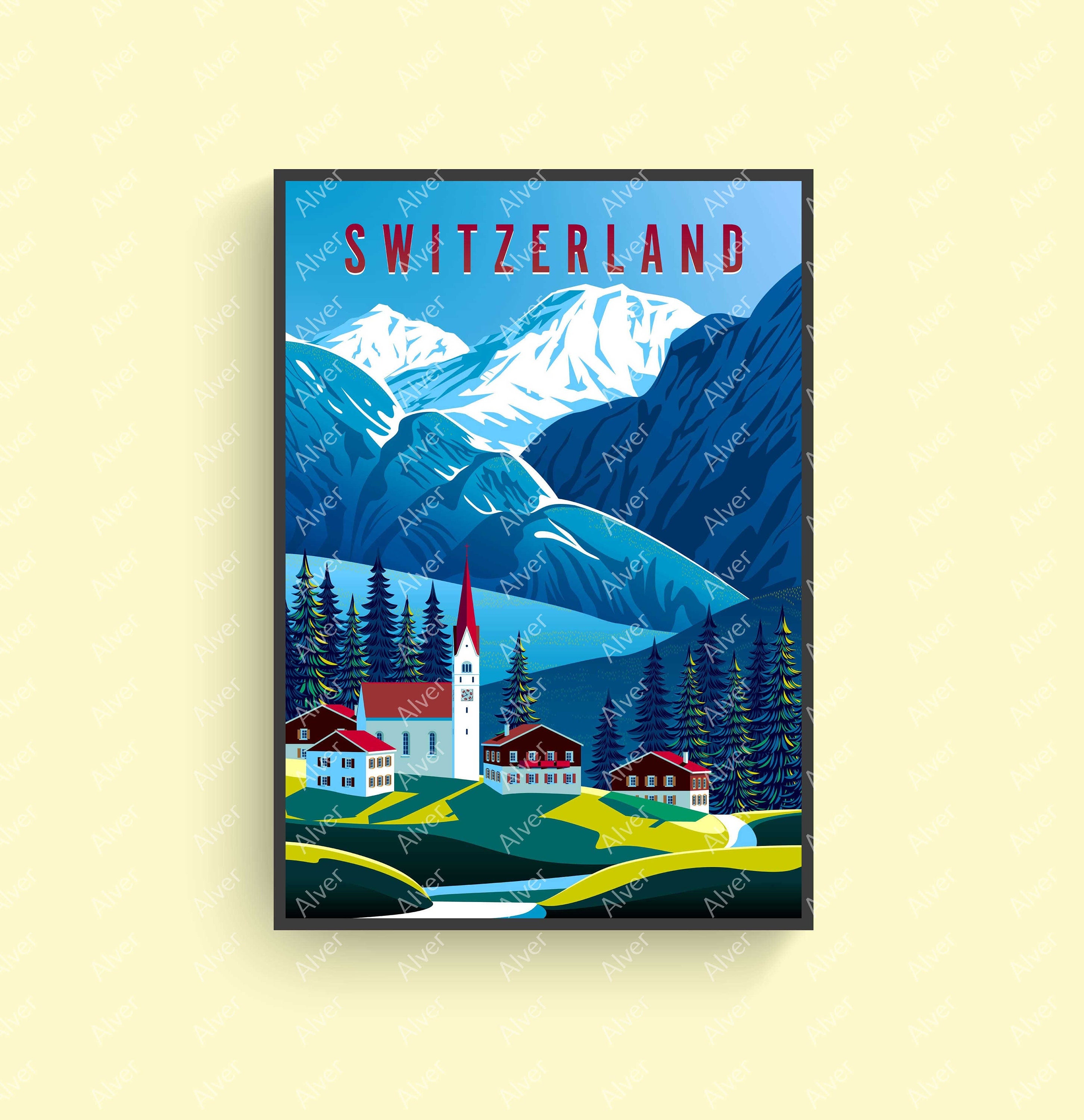 Switzerland Poster, Switzerland Travel Print, Mountain Poster