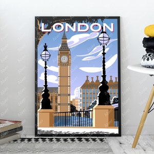 Puede incluir: Un p&oacute;ster de viaje de estilo vintage con una ilustraci&oacute;n colorida del Big Ben y otros monumentos de Londres. El p&oacute;ster tiene un cielo azul con nubes blancas y la palabra "LONDON" en letras rojas en la parte superior.