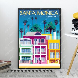 Puede incluir: Una ilustraci&oacute;n colorida de una fila de casas con palmeras delante de ellas. El texto "SANTA MONICA CALIFORNIA" est&aacute; en la parte superior de la imagen.