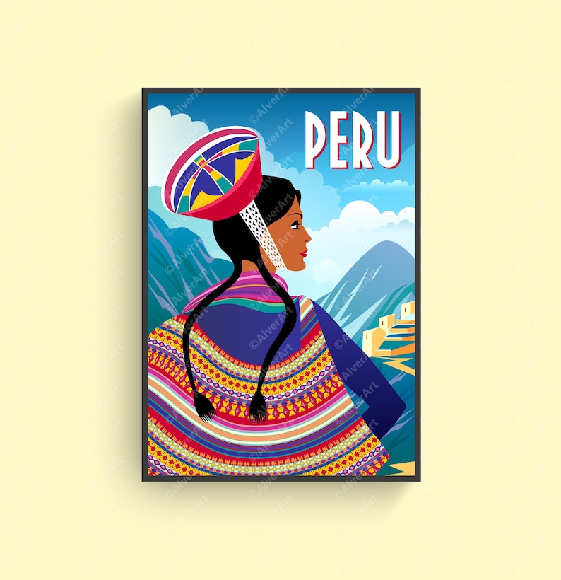 Cartaz do Peru, impressão de viagens do Peru, arte da parede do Peru, roupas nacionais da mulher indiana, arte digital, sem moldura imagem 1