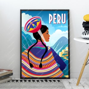 Cartaz do Peru, impressão de viagens do Peru, arte da parede do Peru, roupas nacionais da mulher indiana, arte digital, sem moldura imagem 2