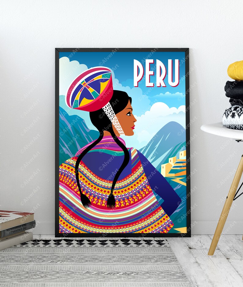 Cartaz do Peru, impressão de viagens do Peru, arte da parede do Peru, roupas nacionais da mulher indiana, arte digital, sem moldura imagem 2
