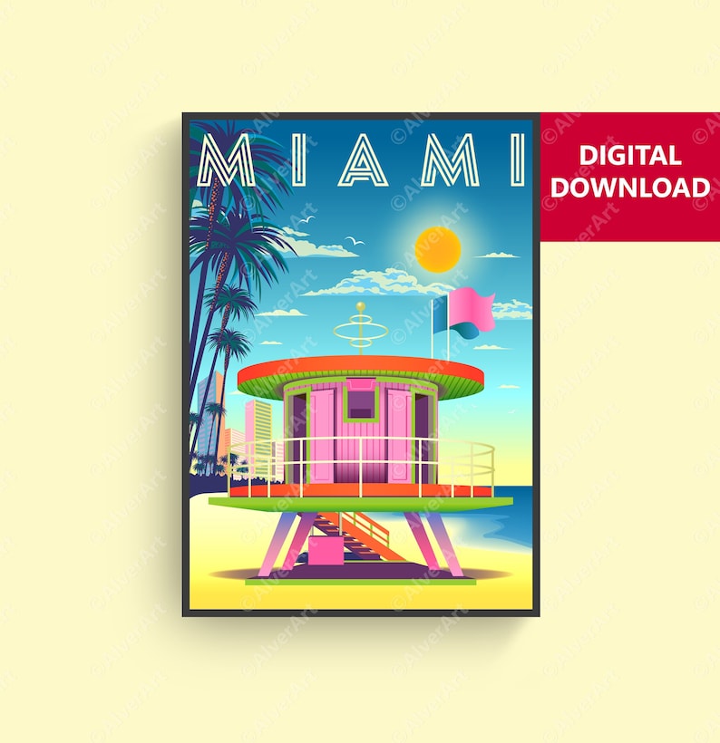 May include: A retro-style poster with the word "MIAMI" in bold, white letters against a blue sky. The poster features a pink and green lifeguard stand on a beach with palm trees and a bright yellow sun. The text "DIGITAL DOWNLOAD" is in red at the top right corner.
