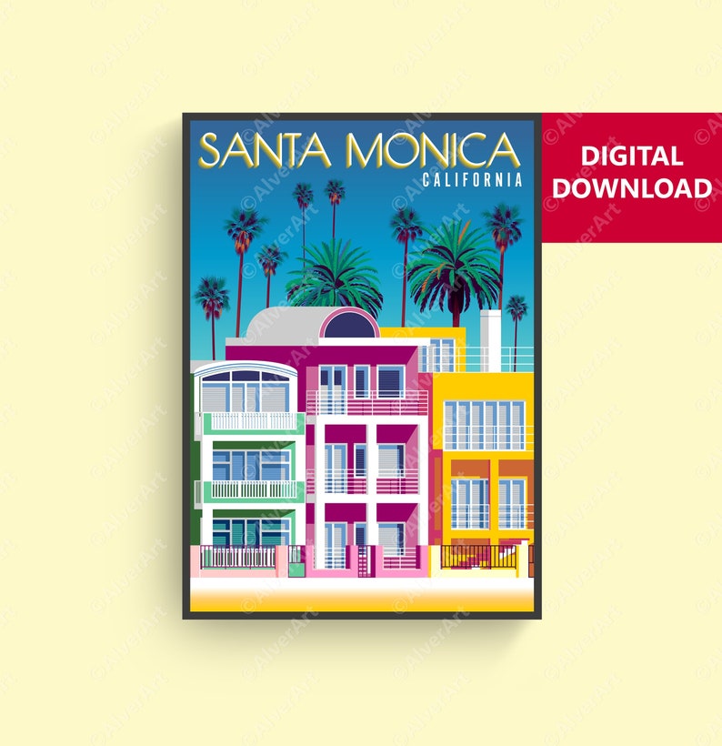 Puede incluir: Una ilustraci&oacute;n colorida de una fila de casas en Santa Monica, California. Las casas est&aacute;n pintadas en tonos de rosa, amarillo, verde y azul. Hay palmeras en el fondo contra un cielo azul.