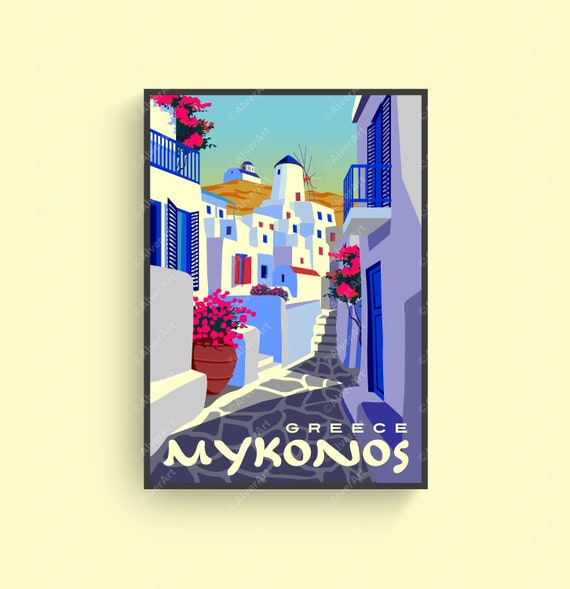 Greece Poster, Mykonos Poster, Greece Travel Print, Greece Cityscape Wall Art, Digital Art, Unframed