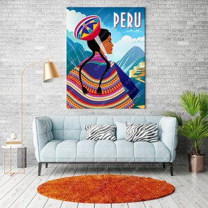 Cartaz do Peru, impressão de viagens do Peru, arte da parede do Peru, roupas nacionais da mulher indiana, arte digital, sem moldura imagem 3