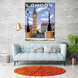 Puede incluir: Un p&oacute;ster de estilo vintage con una ilustraci&oacute;n colorida del Big Ben, un famoso monumento de Londres, Inglaterra. El p&oacute;ster tiene la palabra "LONDON" en letras grandes y en negrita en la parte superior.