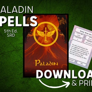 Cartas de feitiço DnD 5e pdf para Paladinos | Livro de feitiços DnD para impressão | Regras Básicas do SRD | D&D | Masmorras e Dragões | Presentes DM