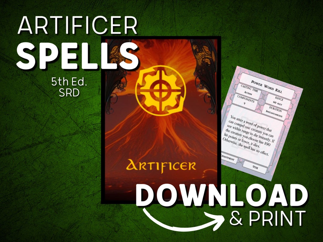 Dnd 5e Spell Cards Pdf for Artificers Printable Dnd Spell Book SRD