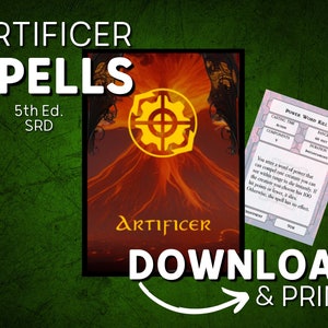 DnD 5e Spell Cards pdf for Artificers | Printable DnD Spell Book | SRD Basic Rules | D&D | Dungeons and Dragons | DM gifts