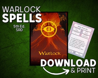 DnD 5e Spell Cards pdf for Warlocks | Printable DnD Spell Book | SRD Basic Rules | D&D | Dungeons and Dragons | DM gifts