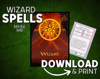 DnD 5e Spell Cards pdf para Wizards / Libro de hechizos DnD imprimible / Reglas básicas de SRD / D&D / Mazmorras y dragones / Regalos DM