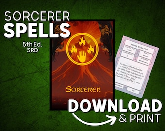DnD 5e Spell Cards pdf for Sorcerers | Printable DnD Spell Book | SRD Basic Rules | D&D | Dungeons and Dragons | DM gifts