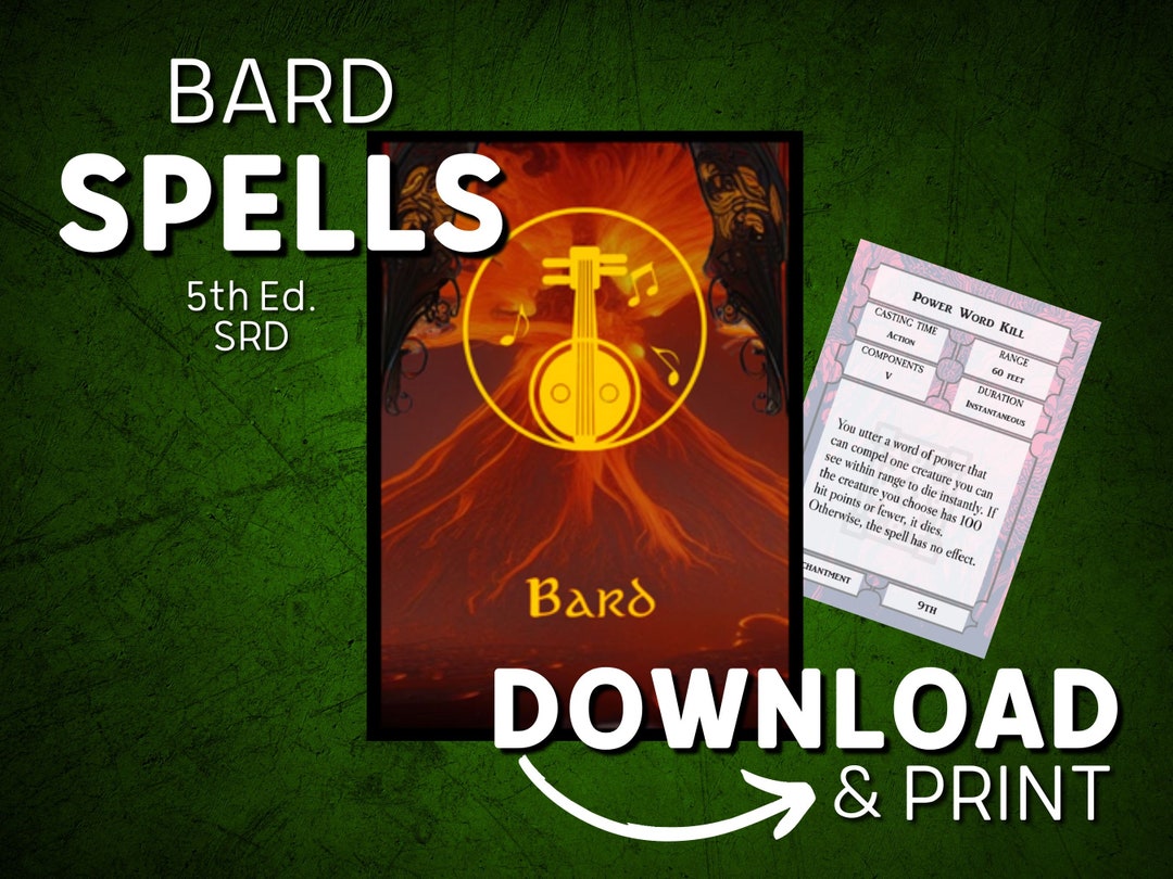 Dnd 5e Spell Cards Pdf for Bards Printable Dnd Spell Book SRD Basic Rules D&D Dungeons and