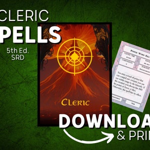 Cartas de feitiço DnD 5e pdf para clérigos | Livro de feitiços DnD para impressão | Regras Básicas do SRD | D&D | Masmorras e Dragões | Presentes DM
