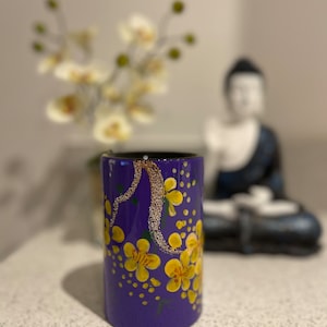 Handmade wooden lacquer pen pot dry flower vase. Purple with a Yellow Cherry Blossom design embellished with a stem of sand