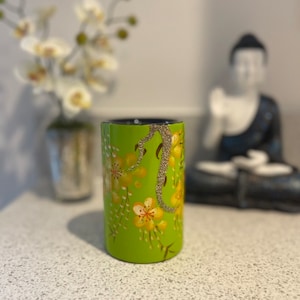 Handmade wooden lacquer pen pot dry flower vase. Green with a Yellow Cherry Blossom design embellished with a stem of sand