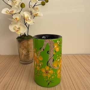 Handmade wooden lacquer pen pot dry flower vase. Green with a Yellow Cherry Blossom design embellished with a stem of sand