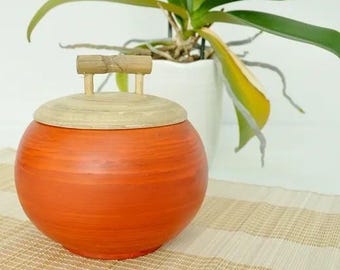 Bamboo pot handmade round wooden jar with lid Orange