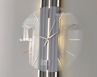 Anthracite Gray Wall Clock with Wood Detail - Transparent Plexi and Gold Background - Rustic Wall Clock - Living Room Decor