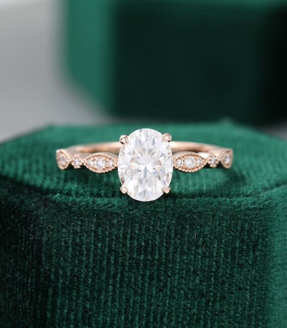 Oval Cut Moissanite Engagement Ring Rose Gold Unique Vintage - Etsy