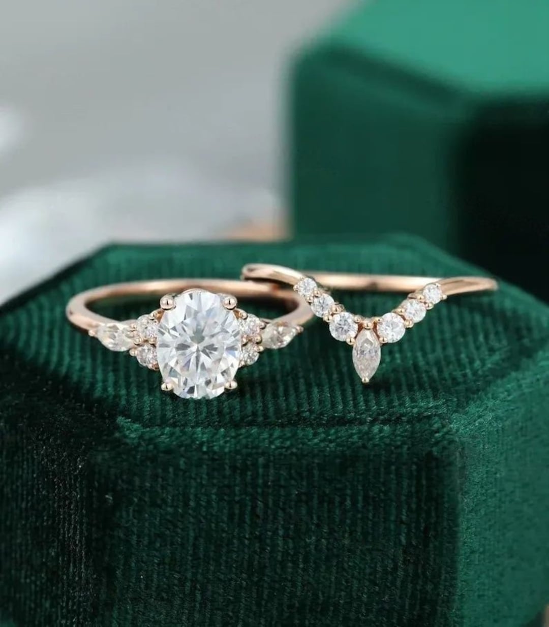 Oval Moissanite Engagement Ring Set Vintage Unique Rose Gold - Etsy