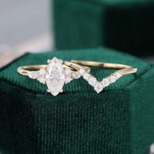 Vintage Marquise Moissanite Engagement Ring Set 14K White - Etsy