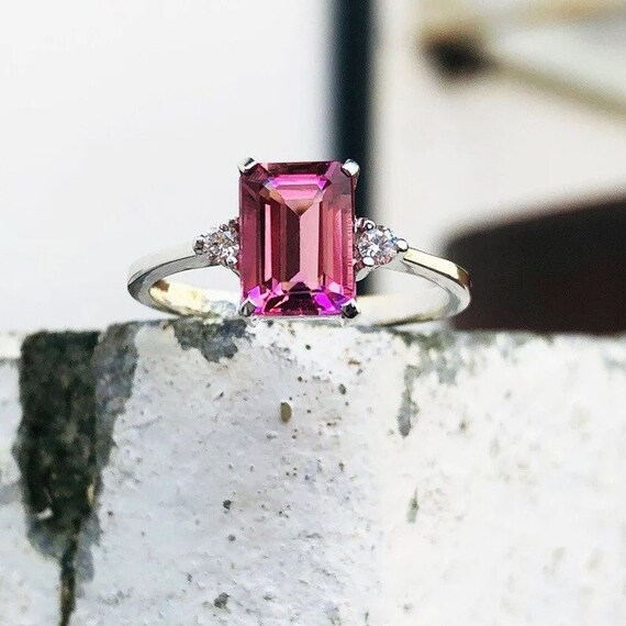 Pink Tourmaline Ringemerald Cut Tourmaline Ring14k Gold Etsy