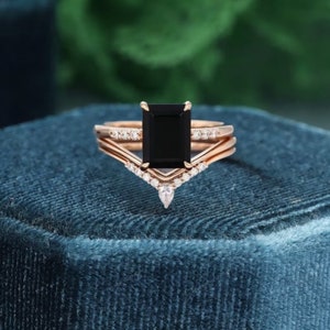 Black Onyx Ring Emerald Cut Ring Set of 3PCS 14K Gold-sterling - Etsy