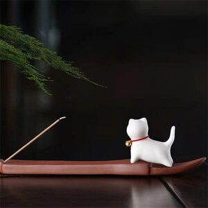 Ceramic Cat and Incense Holder, Handmade Incense Stick Holder, Cute Animal Incense Stick Holder, Incense Burner Holder Plate and Cat Decor