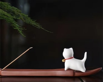 Ceramic Cat and Incense Holder, Handmade Incense Stick Holder, Cute Animal Incense Stick Holder, Incense Burner Holder Plate and Cat Decor