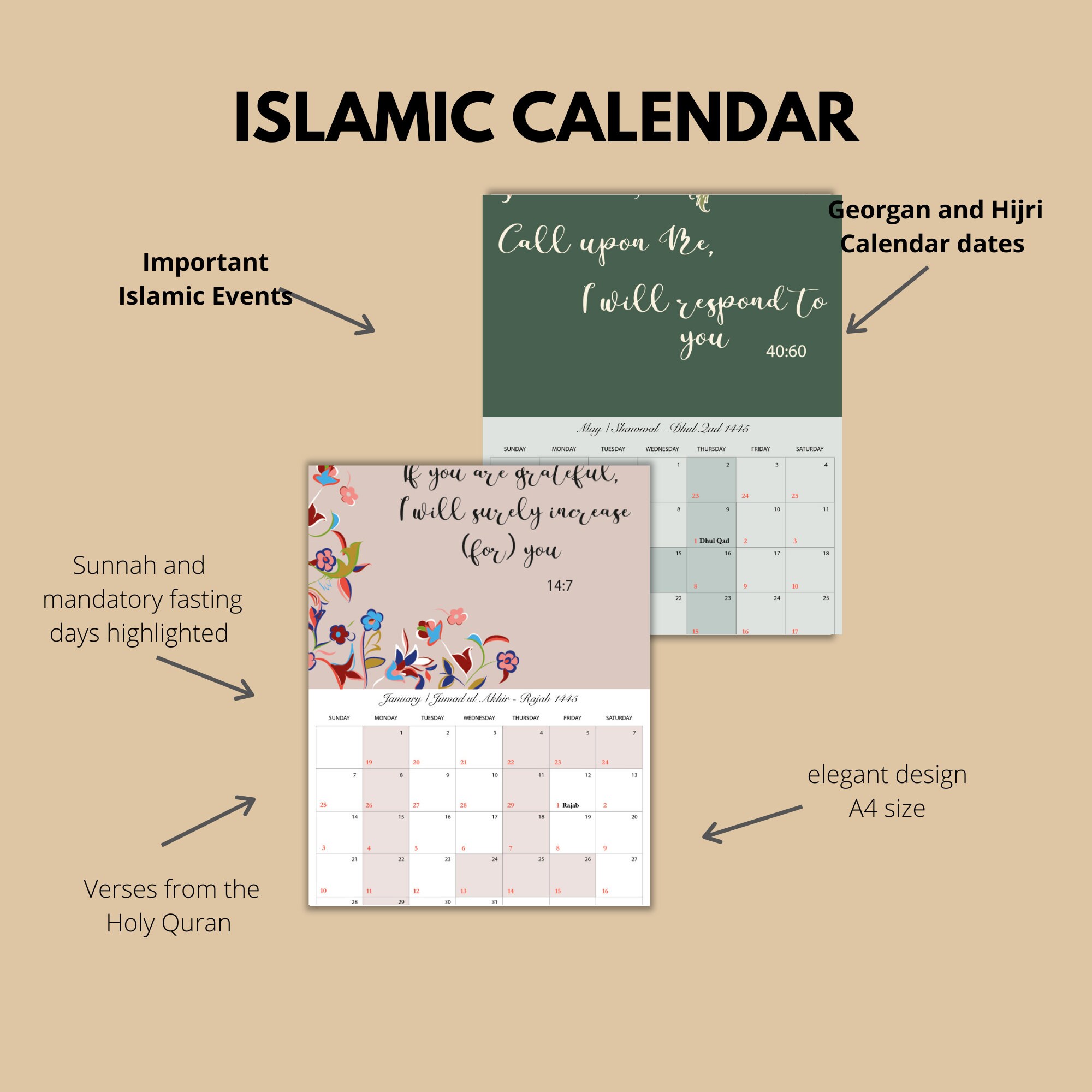 2024 Islamic Wall Calendar With Inspirational Words and Hijri Dates and