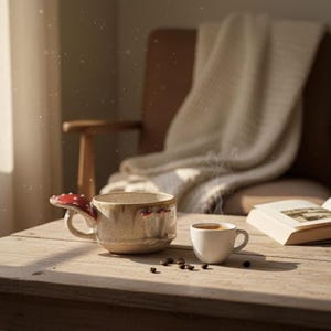 Könnte beinhalten: Eine Keramiktasse mit einem Pilzgriff und eine kleine weiße Tasse Kaffee stehen auf einem Holztisch. Kaffeebohnen sind um die Tassen herum verstreut. Ein Buch und eine Decke befinden sich im Hintergrund.