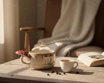Handmade Mushroom Ceramic Mug – Rustic Stoneware Coffee Cup, Cottagecore Pottery Gift, Boho Kitchen Decor