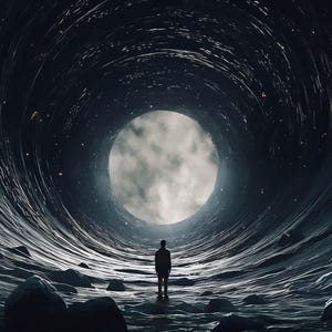 Könnte beinhalten: Eine digitale Illustration zeigt eine Person vor einer großen, hellen, wolkigen Kugel, möglicherweise einem Mond, am Ende eines dunklen, wirbelnden Tunnels. Die Tunnelwände haben ein strukturiertes, wellenartiges Aussehen.