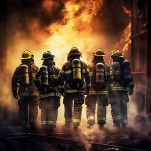 Puede incluir: Cinco bomberos con equipo de protección, vistos desde atrás, caminan hacia un gran incendio. Llevan cascos, tanques de oxígeno y trajes ignífugos. La escena está llena de humo y el intenso brillo de las llamas.