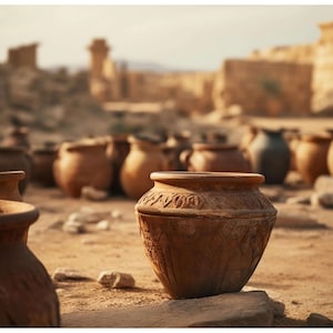 Può includere: Scena all'aperto con numerosi vasi di terracotta di varie dimensioni. Il primo piano mostra un vaso dettagliato e decorato con un bordo largo. Lo sfondo suggerisce un ambiente antico e arido con strutture in pietra.
